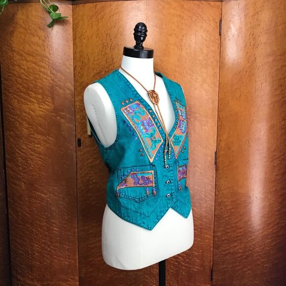 VINTAGE 80’s Acid Wash Southwestern Denim Vest S - Picture 9 of 14